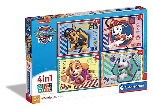 Clementoni - 21526 - Supercolor Puzzle 4 in 1 - Paw Patrol - Puzzle 12,16,20,24 Teile Ab 3 Jahren, Buntes Kinderpuzzle Mit Besonderer Leuchtkraft & Farbintensität, Geschicklichkeitsspiel Für Kinder von Clementoni