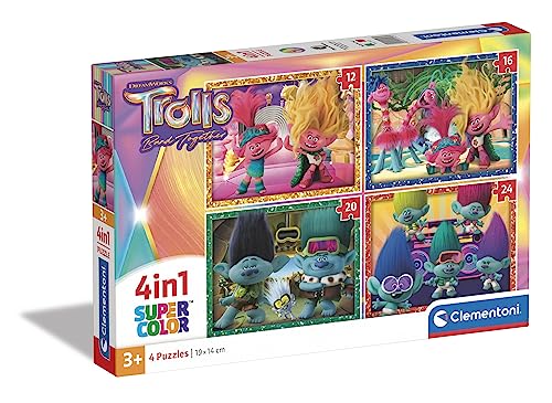 Clementoni - 21527 - Supercolor Puzzle 4 in 1 - Trolls 3 - Puzzle 12,16,20,24 Teile Ab 3 Jahren, Buntes Kinderpuzzle Mit Besonderer Leuchtkraft & Farbintensität, Geschicklichkeitsspiel Für Kinder von Clementoni