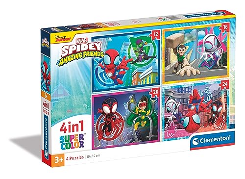 Clementoni 21528 Supercolor 4 in 1-Marvel Spidey and His Amazing Friends-Puzzle 12,16,20,24 Teile Ab 3 Jahren, Buntes Kinderpuzzle Mit Besonderer Leuchtkraft & Farbintensität von Clementoni