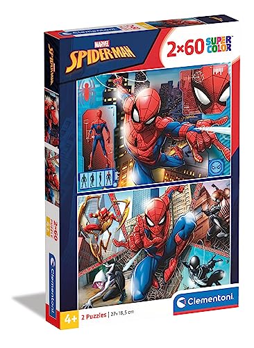 Clementoni 21608 Supercolor Spiderman – Puzzle 2 x 60 Teile ab 5 Jahren, buntes Kinderpuzzle mit besonderer Leuchtkraft & Farbintensität, Geschicklichkeitsspiel für Kinder von Clementoni