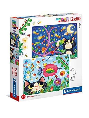 Clementoni 21618 Supercolor Käfer – Puzzle 2 x 60 Teile ab 5 Jahren, buntes Kinderpuzzle mit besonderer Leuchtkraft & Farbintensität, Geschicklichkeitsspiel für Kinder, Mehrfarbig von Clementoni