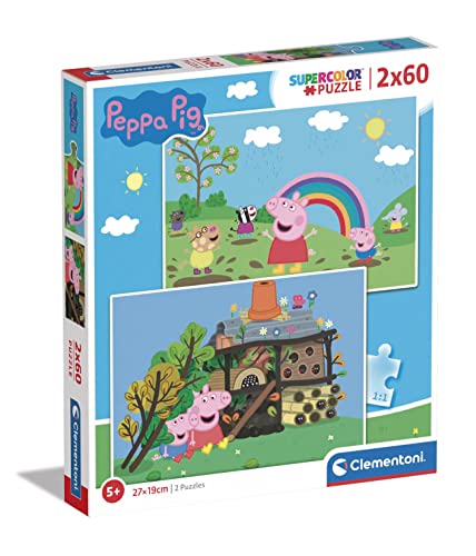 Clementoni - 21622 - Supercolor Puzzle - Peppa Pig - 2 Puzzle Mit 60 Teile Ab 4 Jahren, Buntes Kinderpuzzle Mit Besonderer Leuchtkraft & Farbintensität, Geschicklichkeitsspiel Für Kinder von Clementoni