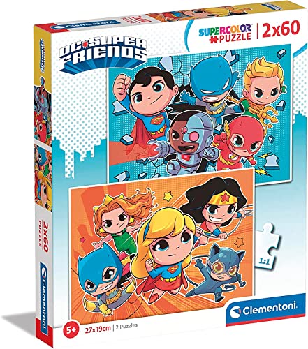 Clementoni - 21624 - Supercolor Puzzle - Dc Comics Superfriends - 2 Puzzle Mit 60 Teile Ab 4 Jahren, Buntes Kinderpuzzle Mit Besonderer Leuchtkraft & Farbintensität, Geschicklichkeitsspiel Für Kinder von Clementoni