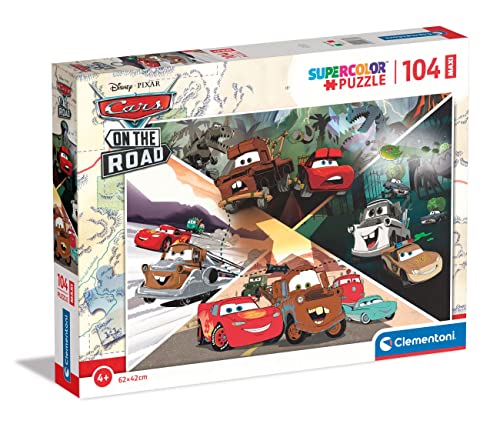 Clementoni - 23774 - Supercolor Puzzle - Disney Cars On The Road - Puzzle 104 Maxi Teile Ab 4 Jahren, Buntes Kinderpuzzle Mit Besonderer Leuchtkraft, Geschicklichkeitsspiel Für Kinder von Clementoni