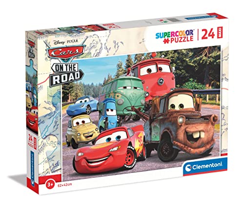 Clementoni 24239 Supercolor Disney Cars On The Road-Puzzle 24 Maxi Teile Ab 3 Jahren, Buntes Kinderpuzzle Mit Besonderer Leuchtkraft & Farbintensität, Geschicklichkeitsspiel Für Kinder, Mehrfarbig von Clementoni