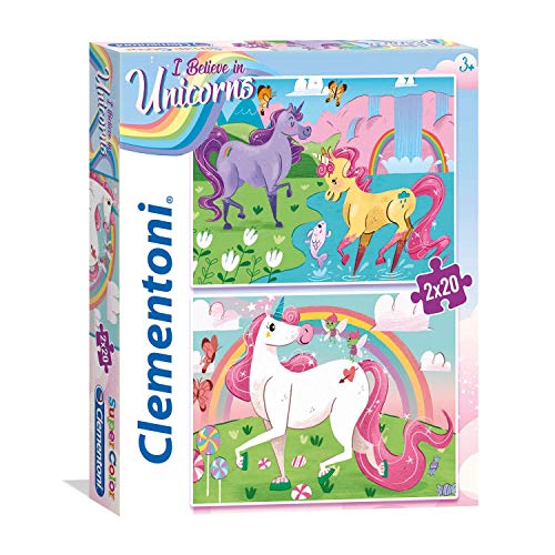 Clementoni 24754 Supercolor Unicorns – Puzzle 2 x 20 Teile ab 3 Jahren, buntes Kinderpuzzle mit besonderer Leuchtkraft & Farbintensität, Geschicklichkeitsspiel für Kinder von Clementoni