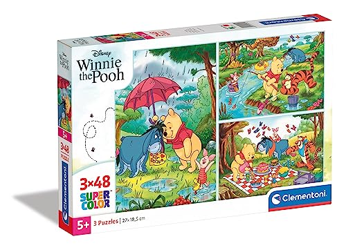 Clementoni 25232 Supercolor Winnie The Pooh – Puzzle 3 x 48 Teile ab 4 Jahren, buntes Kinderpuzzle mit besonderer Leuchtkraft & Farbintensität, Geschicklichkeitsspiel für Kinder von Clementoni