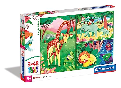 Clementoni 25233 Supercolor Dschungel Freunde – Puzzle 3 x 48 Teile ab 4 Jahren, buntes Kinderpuzzle mit besonderer Leuchtkraft & Farbintensität, Geschicklichkeitsspiel für Kinder von Clementoni