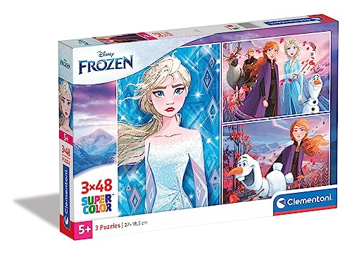Clementoni 25240 Supercolor Frozen 2 – Puzzle 3 x 48 Teile ab 4 Jahren, buntes Kinderpuzzle mit besonderer Leuchtkraft & Farbintensität, Geschicklichkeitsspiel für Kinder von Clementoni