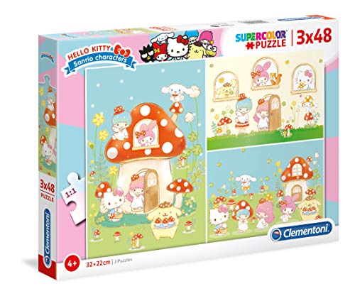 Clementoni 25246 Supercolor Hello Kitty – Puzzle 3 x 48 Teile ab 4 Jahren, buntes Kinderpuzzle mit besonderer Leuchtkraft & Farbintensität, Geschicklichkeitsspiel für Kinder von Clementoni