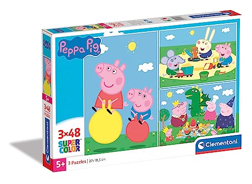 Clementoni 25263 Supercolor Peppa Pig – Puzzle 3 x 48 Teile ab 5 Jahren, buntes Kinderpuzzle mit besonderer Leuchtkraft & Farbintensität, Geschicklichkeitsspiel für Kinder von Clementoni