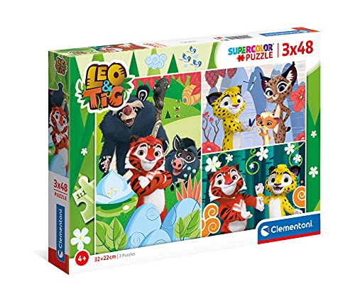 Clementoni - 25270 - Supercolor Puzzle Leo & Tig - 3X48 Teile Ab 4 Jahren, buntes Kinderpuzzle mit besonderer Leuchtkraft & Farbintensität, Geschicklichkeitsspiel für Kinder von Clementoni