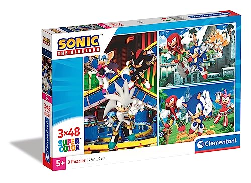 Clementoni 25280 Sonic Supercolor Puzzle Sonic-3X48 Teile Ab 4 Jahren, buntes Kinderpuzzle mit besonderer Leuchtkraft & Farbintensität, Geschicklichkeitsspiel für Kinder, Mehrfarbig, One Size von Clementoni