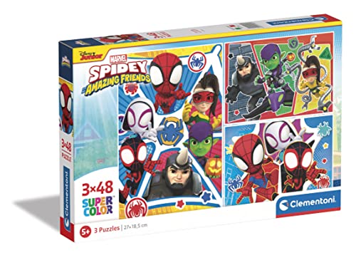 Clementoni - 25282 - Supercolor Puzzle - Marvel Spidey & His Amazing Friends - 3 Puzzle mit 48 Teile Ab 5 Jahren, Buntes Kinderpuzzle Mit Besonderer Leuchtkraft, Geschicklichkeitsspiel Für Kinder von Clementoni