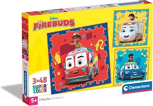 Clementoni - 25283 - Supercolor Puzzle - Disney Firebuds - 3 Puzzle mit 48 Teile Ab 5 Jahren, Buntes Kinderpuzzle Mit Besonderer Leuchtkraft & Farbintensität, Geschicklichkeitsspiel Für Kinder von Clementoni