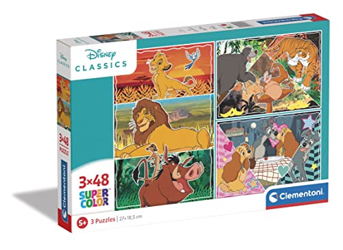 Clementoni - 25285 - Supercolor Puzzle - Disney Classics - 3 Puzzle mit 48 Teile Ab 5 Jahren, Buntes Kinderpuzzle Mit Besonderer Leuchtkraft & Farbintensität, Geschicklichkeitsspiel Für Kinder von Clementoni