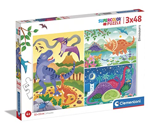 Clementoni - 25288 - Supercolor Puzzle - Dinosaurs - 3 Puzzle mit 48 Teile Ab 5 Jahren, Buntes Kinderpuzzle Mit Besonderer Leuchtkraft & Farbintensität, Geschicklichkeitsspiel Für Kinder von Clementoni