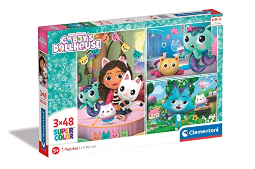 Clementoni DreamWorks Gabby's Dollhouse - 3 Puzzle mit 48 Teilen für Kinder ab 5 Jahren, Buntes Kinderpuzzle mit besonderer Leuchtkraft, 25289 von Clementoni von Clementoni