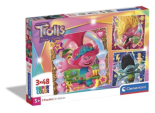 Clementoni - 25292 - Supercolor Puzzle - Trolls 3-3 Puzzle mit 48 Teile Ab 5 Jahren, Buntes Kinderpuzzle Mit Besonderer Leuchtkraft & Farbintensität, Geschicklichkeitsspiel Für Kinder von Clementoni