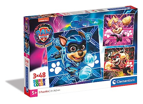 Clementoni - 25303 - Supercolor Puzzle - Paw Patrol - 3 Puzzle mit 48 Teile Ab 5 Jahren, Buntes Kinderpuzzle Mit Besonderer Leuchtkraft & Farbintensität, Geschicklichkeitsspiel Für Kinder von Clementoni