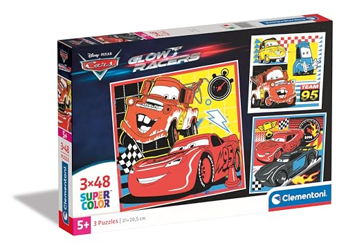 Clementoni 25309 Supercolor Disney Cars Glow Racers – 3 x 48 (inkl. 3 à 48 Teile) Kinder ab 5 Jahren, Cartoon-Puzzle, hergestellt in Italien, Mehrfarbig von Clementoni