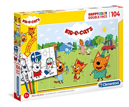 Clementoni 25707 Happy Color Double Face Kid & Cats – Puzzle 104 Teile ab 5 Jahren, doppelseitiges Kinderpuzzle mit Bild zum Ausmalen, inkl. 3 Filzstiften, Denkspiel für Kinder von Clementoni