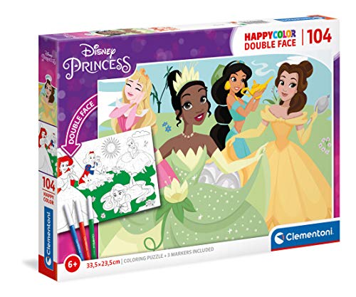 Clementoni 25714 Happy Color Double Face Disney Princess – Puzzle 104 Teile ab 5 Jahren, doppelseitiges Kinderpuzzle mit Bild zum Ausmalen, inkl. 3 Filzstiften, Denkspiel für Kinder von Clementoni