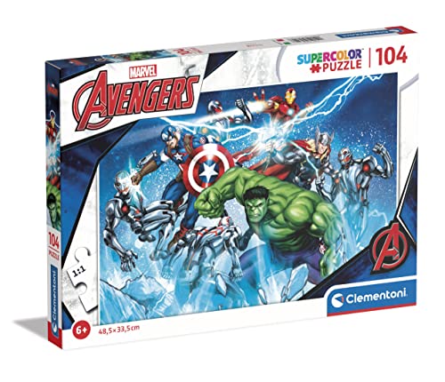 Clementoni - 25744 - Supercolor Puzzle Marvel Avengers - Puzzle 104 Teile Ab 6 Jahren, buntes Kinderpuzzle mit besonderer Leuchtkraft & Farbintensität, Geschicklichkeitsspiel für Kinder von Clementoni