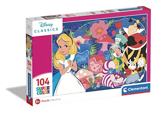 Clementoni - 25748 - Supercolor Puzzle - Disney Classics Alice - Puzzle 104 Teile Ab 6 Jahren, Buntes Kinderpuzzle Mit Besonderer Leuchtkraft & Farbintensität, Geschicklichkeitsspiel Für Kinder von Clementoni