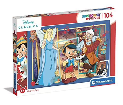 Clementoni - 25749 - Supercolor Puzzle - Disney Classics Pinocchio - Puzzle 104 Teile Ab 6 Jahren, Buntes Kinderpuzzle Mit Besonderer Leuchtkraft & Farbintensität, Geschicklichkeitsspiel Für Kinder von Clementoni