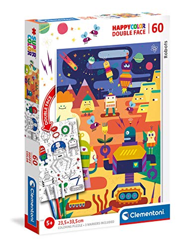 Clementoni 26061 Happy Color Double Face Robots – Puzzle 60 Teile ab 5 Jahren, doppelseitiges Kinderpuzzle mit Bild zum Ausmalen, inkl. 3 Filzstiften, Denkspiel für Kinder von Clementoni