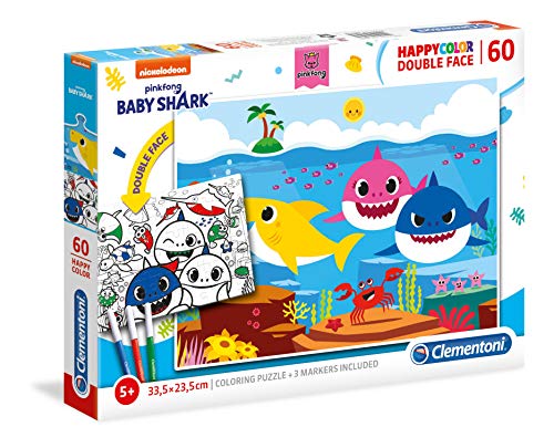 Clementoni 26093 Happy Color Double Face Baby Shark – Puzzle 60 Teile ab 5 Jahren, doppelseitiges Kinderpuzzle mit Bild zum Ausmalen, inkl. 3 Filzstiften, Denkspiel für Kinder von Clementoni