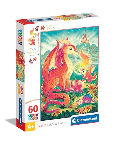 Clementoni 26600 Supercolor A Dragon Family – 60 Teile Kinder 4 Jahre, Puzzle Tiere, Illustration, hergestellt in Italien, Mehrfarbig von Clementoni