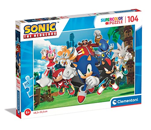 Clementoni - 27159 - Supercolor Puzzle Sonic - 104 Teile - Puzzle 104 Teile Ab 6 Jahren, buntes Kinderpuzzle mit besonderer Leuchtkraft & Farbintensität, Geschicklichkeitsspiel für Kinder von Clementoni