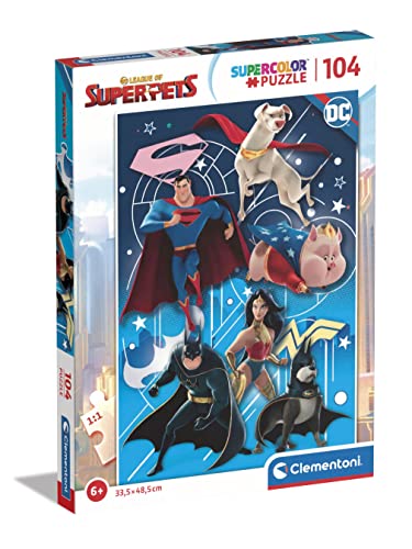 Clementoni - 27173 - Supercolor Puzzle Dc Superpets - 104 Teile - Puzzle 104 Teile Ab 6 Jahren, buntes Kinderpuzzle mit besonderer Leuchtkraft & Farbintensität, Geschicklichkeitsspiel für Kinder von Clementoni