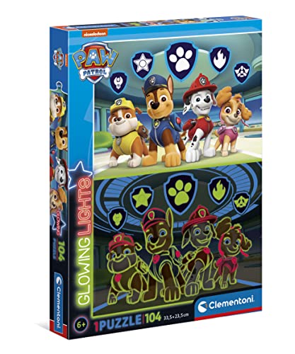 Clementoni - 27176 - Glowing Lights - Paw Patrol - Puzzle 104 Teile Ab 6 Jahren, Buntes Kinderpuzzle Mit Besonderer Leuchtkraft & Farbintensität, Geschicklichkeitsspiel Für Kinder von Clementoni