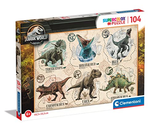 Clementoni - 27179 - Supercolor Puzzle - Jurassic World - Puzzle 104 Teile Ab 6 Jahren, Buntes Kinderpuzzle Mit Besonderer Leuchtkraft & Farbintensität, Geschicklichkeitsspiel Für Kinder von Clementoni