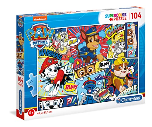 Clementoni 27261 Supercolor Paw Patrol – Puzzle 104 Teile ab 6 Jahren, buntes Kinderpuzzle mit besonderer Leuchtkraft & Farbintensität, Geschicklichkeitsspiel für Kinder von Clementoni