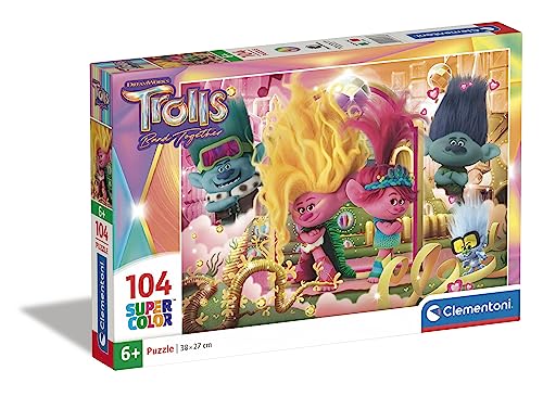 Clementoni - 27268 - Supercolor Puzzle - Trolls 3 - Puzzle 104 Teile Ab 6 Jahren, Buntes Kinderpuzzle Mit Besonderer Leuchtkraft & Farbintensität, Geschicklichkeitsspiel Für Kinder von Clementoni