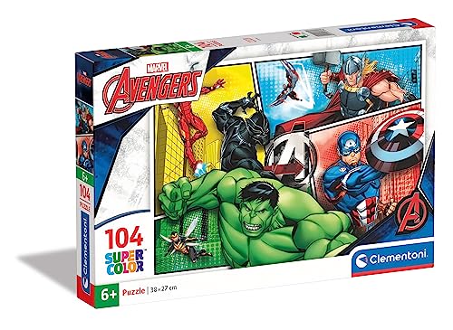 Clementoni 27284 Supercolor The Avengers – Puzzle 104 Teile ab 6 Jahren, buntes Kinderpuzzle mit besonderer Leuchtkraft & Farbintensität, Geschicklichkeitsspiel für Kinder von Clementoni