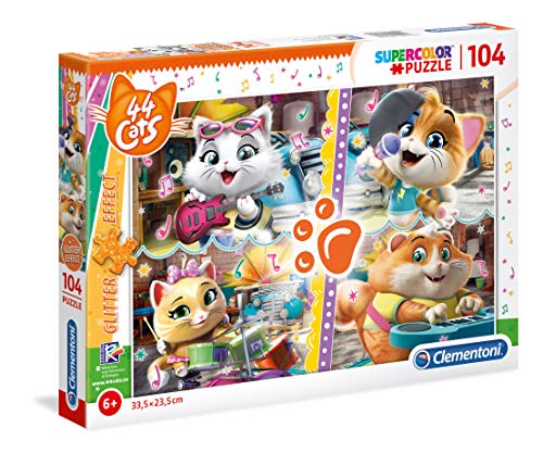 Clementoni 27539 Glitter Puzzle 44 Cats – Puzzle 104 Teile ab 6 Jahren, farbenfrohes Kinderpuzzle mit Glitzereffekt, Geschicklichkeitsspiel für Kinder von Clementoni