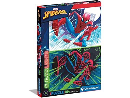 Clementoni - 27555 - Supercolor Puzzle Glowing Lights Marvel Spiderman - 104 Teile Ab 6 Jahren, buntes Kinderpuzzle mit besonderer Leuchtkraft & Farbintensität, Geschicklichkeitsspiel für Kinder von Clementoni