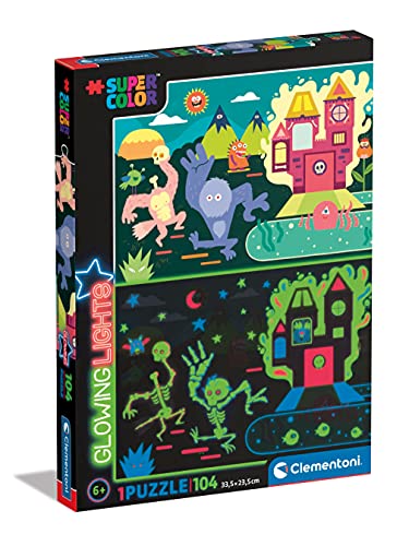 Clementoni - 27558 - Supercolor Puzzle Glowing Lights Monsters - Puzzle 104 Teile Ab 6 Jahren, buntes Kinderpuzzle mit besonderer Leuchtkraft & Farbintensität, Geschicklichkeitsspiel für Kinder von Clementoni