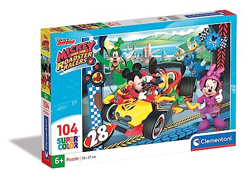 Clementoni 27984 Supercolor Mickey and the Roadster Racers – Puzzle 104 Teile ab 6 Jahren, buntes Kinderpuzzle mit besonderer Leuchtkraft & Farbintensität, Geschicklichkeitsspiel für Kinder von Clementoni