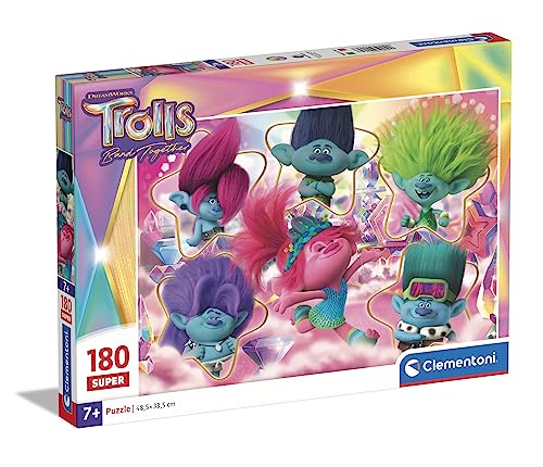 Clementoni - 29069 - Supercolor Puzzle - Trolls 3 - Puzzle 180 Teile Ab 7 Jahren, Buntes Kinderpuzzle Mit Besonderer Leuchtkraft & Farbintensität, Geschicklichkeitsspiel Für Kinder von Clementoni