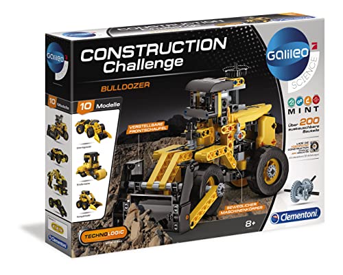 Clementoni 59162 Galileo Science – Construction Challenge Bulldozer, Bausatz für eine Planierraupe, Bagger und weitere Baufahrzeuge, Modellbau für Kinder ab 8 Jahren von Clementoni