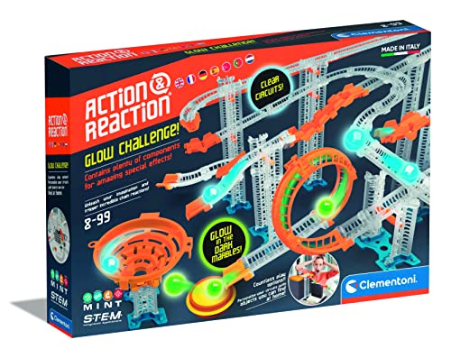 Clementoni 59304 Action & Reaction Glow Effect, mehrteiliger Bausatz zum Konstruieren einer Kugelbahn, mit Leucht-Bällen, Spielzeug für Kinder ab 8 Jahren von Clementoni