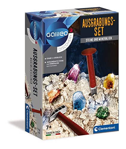 Clementoni Galileo Discovery – Ausgrabungs-Set Steine + Mineralien, Spielzeug für Kinder ab 7 Jahren, Ausgraben mit Hammer & Meißel, für kleine Forscher 69940 von Clementoni