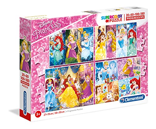 Clementoni 7721 Progressive Puzzle Princess – Puzzle 20 + 60 + 100 + 180 Teile ab 3 Jahren, Bunte Kinderpuzzle mit zunehmendem Schwierigkeitsgrad, Denkspiel für Kinder von Clementoni