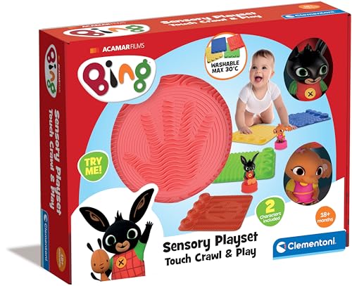 Clementoni Bing – Sensorischer Pfad – Teppich zum Bauen und Blöcke, weiche Bausteine für Kinder, 18 Monate, Bau-Set für die erste Kindheit, stapelbares sensorisches Spiel, waschbar, Made in Italy, von Clementoni